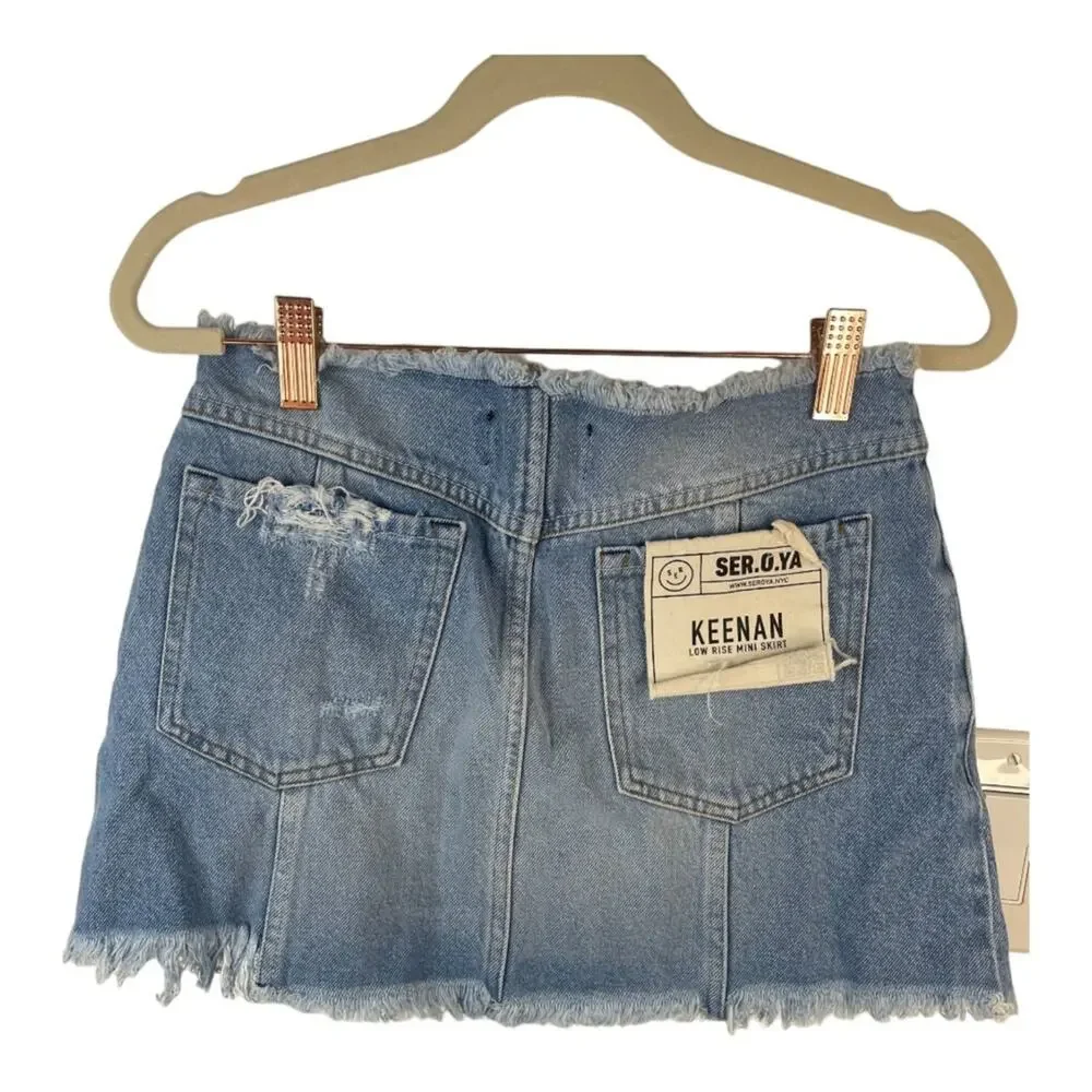 SER.O.YA Keenan Skirt Denim Distressed Raw Hem Y2K Summer Spring 100% Cotton 25